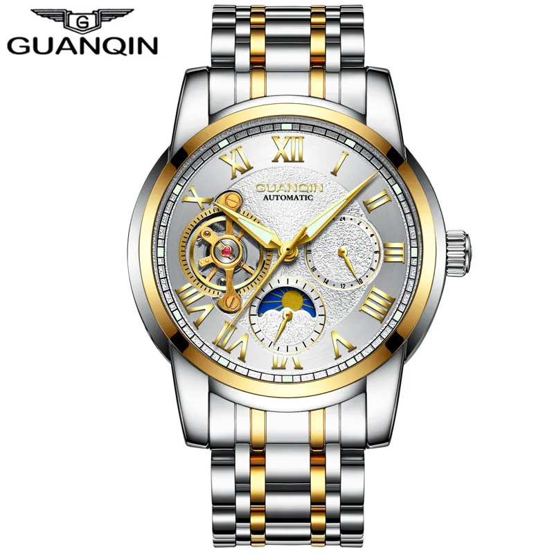 GUANQIN мужские часы Топ бренд класса люкс Tourbillon часы с скелетом мужские спортивные кожаные водонепроницаемые автоматические механические наручные часы - Цвет: Gold White Steel