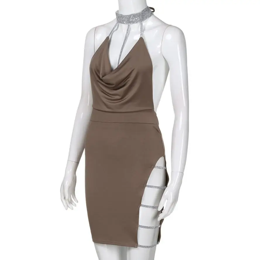 KANCOOLD/Новое высококачественное сексуальное платье с глубоким v-образным вырезом, с открытой спиной, с чокером, с разрезом, с блестками, облегающее мини-платье для женщин mar28