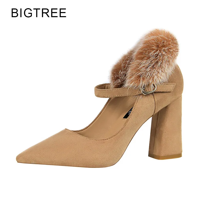 BigTree Caramel Pumps Women Shoes Sexy Party High Heels Rabbit Fur 2018