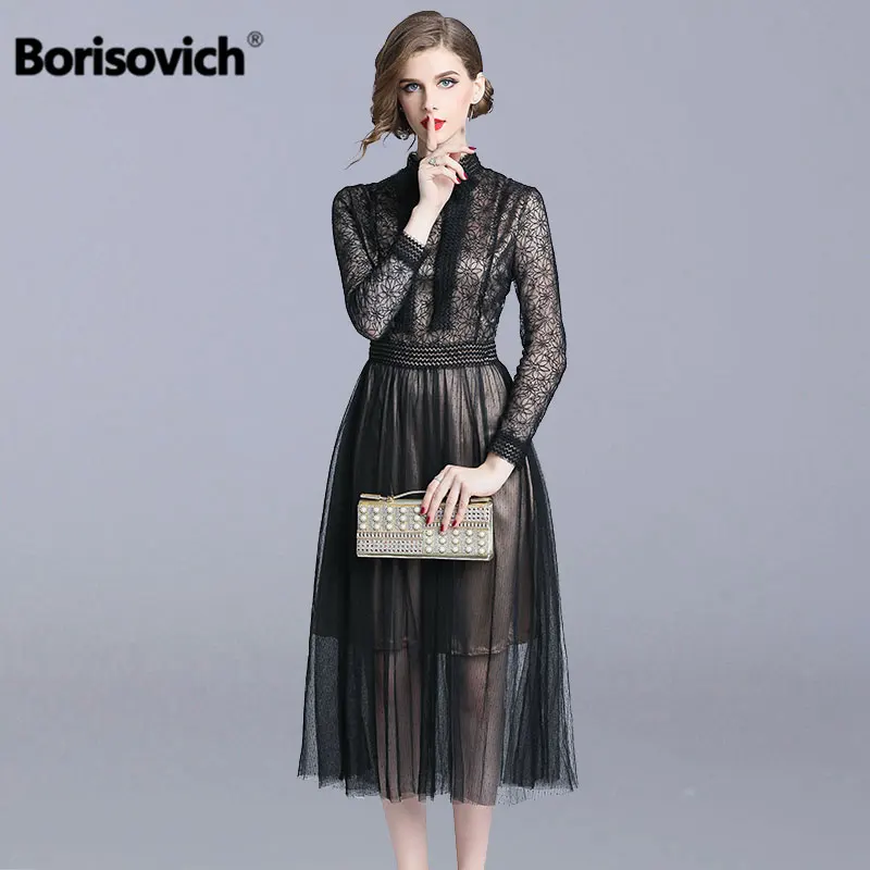 

Borisovich Women Casual Long Dress New 2018 Autumn Fashion England Style Mesh Patchwork Lace Eleagnt Ladies Party Dresses N107