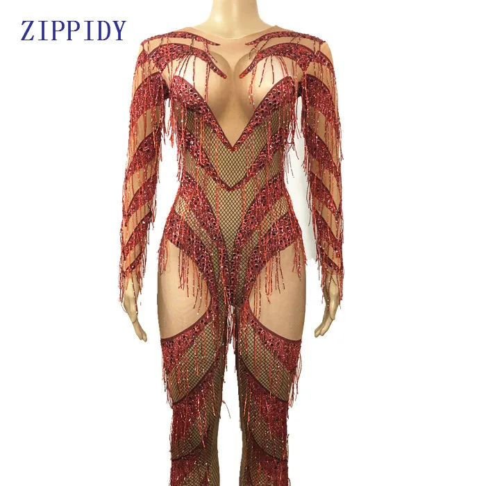 

Halloween Scars Bleed Design Jumpsuit Red Bling Rhinestone Tassel Rompers Costume DJ Singer Prom Celebrate Outfit Skinny Costume
