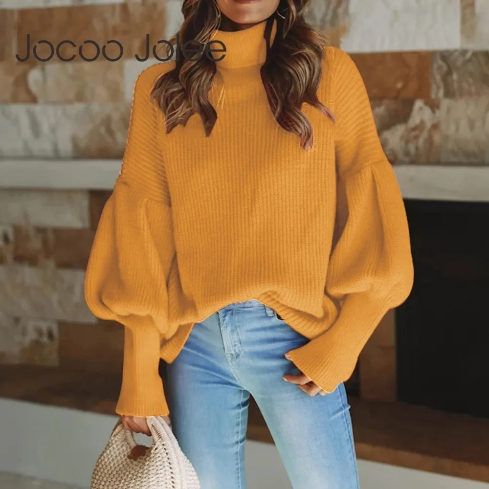 

Jocoo Jolee 2019 Women Autumn Lantern Sleeve Turtleneck Knitted Sweater Casual Loose Pullover Korean Harajuku Knitted Tops