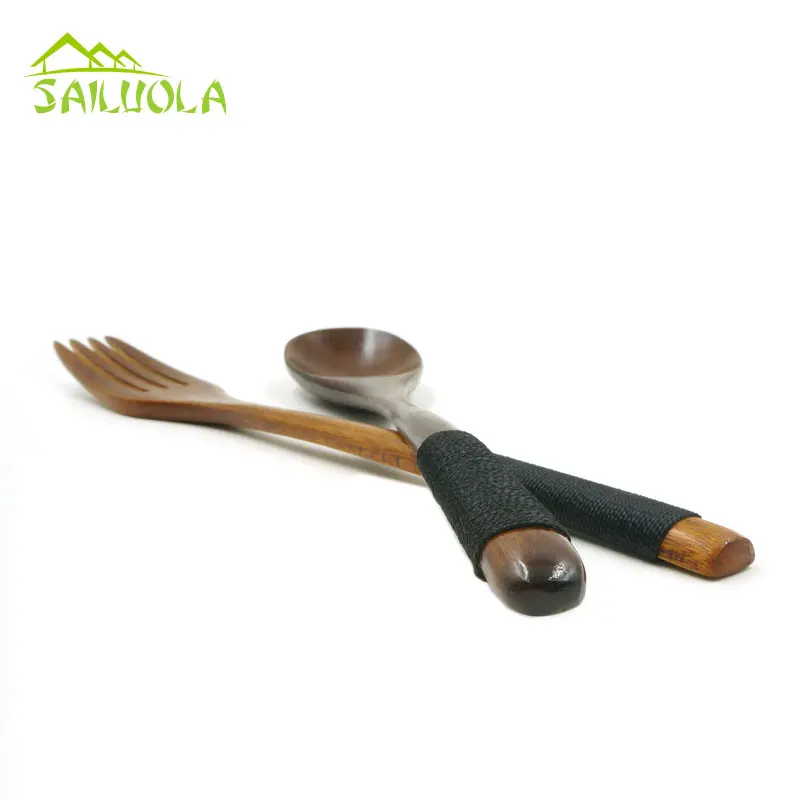 

2 sets Japanese Wooden Dinnerware Sets Vintage Large Wood Tableware Long handle
