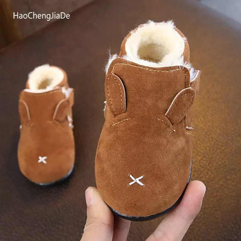 Зимние детские ботинки теплые плюшевые с милыми заячьими ушками для девочек туфли принцессы детская обувь на плоской подошве малыша туфли