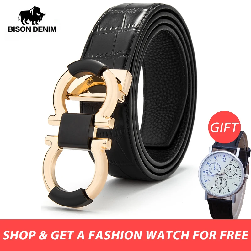 

BISON DENIM Men Genuine Leather Belt Luxury Designer Belts Men First Layer Cowskin Fashion Strap Male Jeans Pin Buckle N71427