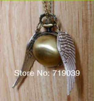 

10pcs/lot Hot wholesale silver wings Harry Potter gold golden snitch pocket watch necklace 2014,original factory supply