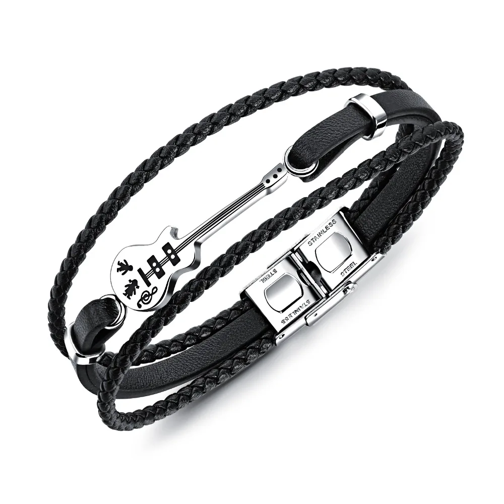 

black Vintage multi-layer woven PU leather titanium steel mini guitar bracelet for men SZ006