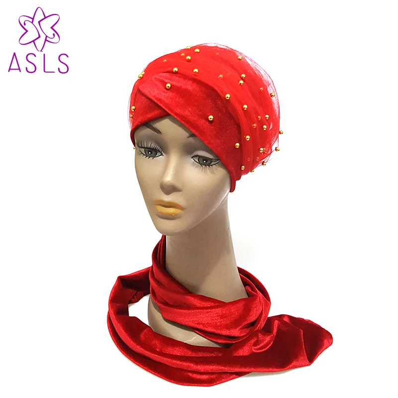 Новое поступление роскошный массовый Золотой вышитый бисером сетчатый головной убор бархатный нигерийский длинный Тюрбан Хиджаб голова Двойные руки шарф женский тюрбан - Цвет: Красный