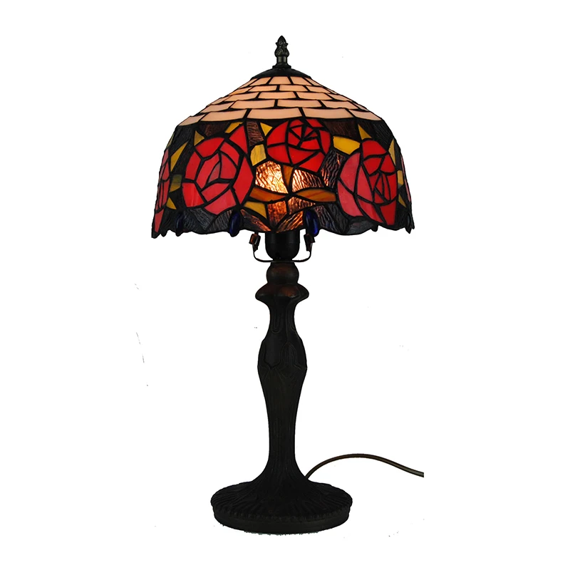 

1 Light Tiffany Style Stained Glass Desk Lights European Retro Red Rose Table Lamp Vintage Handcrafted Home Decorative 12" TL178