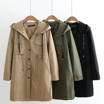 

2019 Spring Autumn Hooded Trench Large Size Coat New Casual Show Thin Long Trench Lacing Waist Hooded Windbreaker RE2291