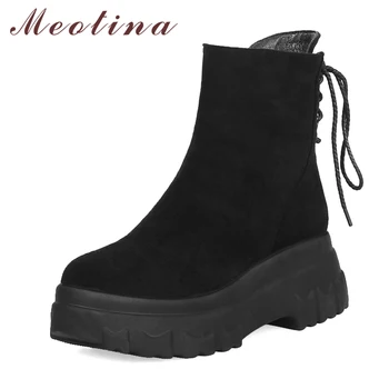 

Meotina Ankle Boots Winter Women Boots Zipper Flat Platform Heel Short Boots Cross Strap High Heel Shoes Ladies Large Size 33-43