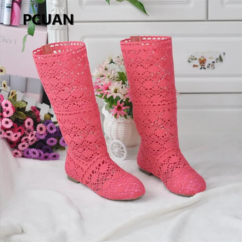 

Women's spring high boots wool hollow boots fashion luxury brand summer white lace boots ladies hollow flat casual shoes