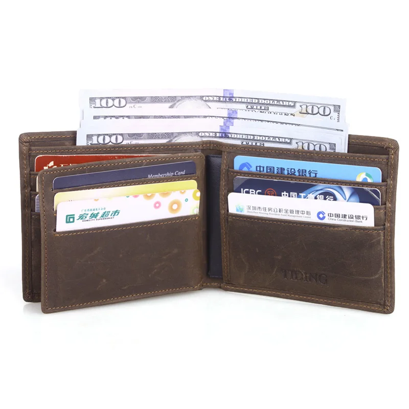 Tiding Короткие Двойные бумажники из коровьей кожи, мягкие однотонные стандартные бумажники, коричневые винтажные кожаные кошельки для монет, дизайнерские сумки для денег