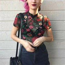 Women Floral Sheer See Through T shirt Ladies Mesh Short Sleeve Tops New Ladies Tops Tee Shirts Woman Top Summer Women Crop Top