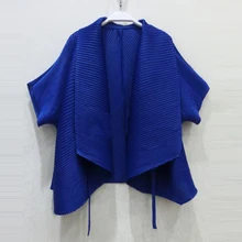 Changpleat, женский кардиган, куртка Miyak, плиссированная, модный дизайн, с отворотом, короткий рукав, свободная, синяя, черная, верхняя одежда, базовые пальто размера плюс