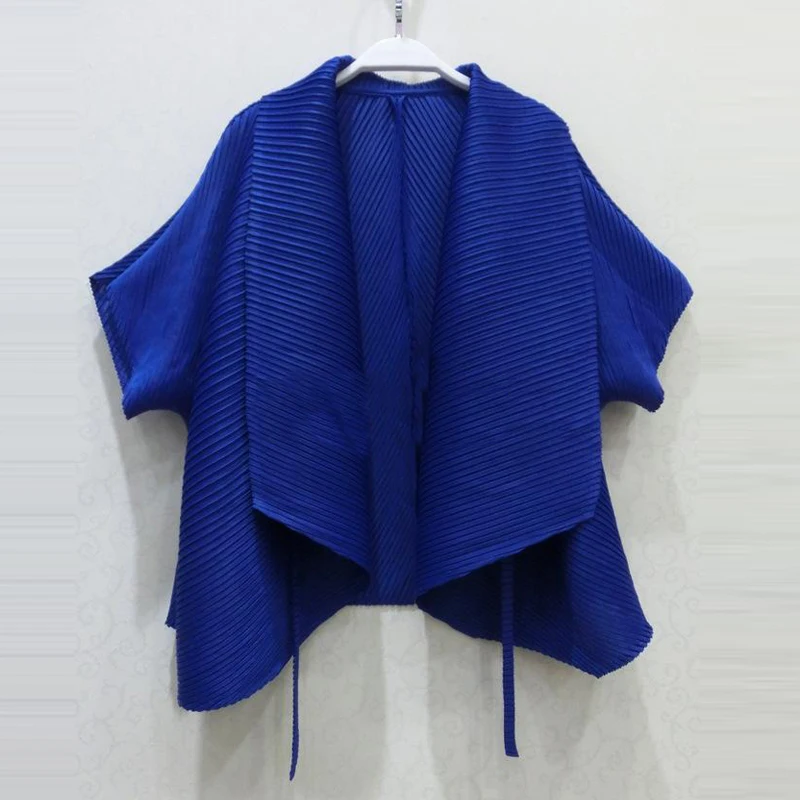 

Changpleat Women cardigan jacket Miyak Pleated Fashion Design lapel Short sleeve Loose Blue Black Outwear Basic coats Plus Size