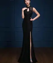 Sexy Black Lace Meerjungfrau Abendkleid Modische Halter Höhlen Vorder Sleeveless Glänzende Perlen Hohe Leg Seitenschlitz Kleid