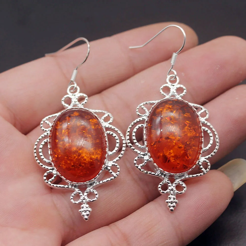 

Hermosa Big Promotion Attractive Orange Baltic Amber925 Sterling Silver Dangle Earrings For Women 2 1/8 Inch TK28