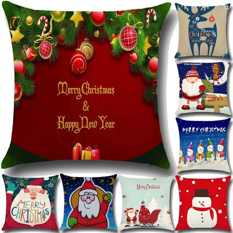 

Christmas Decoration Merry Christmas Letters Square Linen Kerst Pillowcase Santa Elk Bell Pillow Cover for Home Sofa Xmas Decor