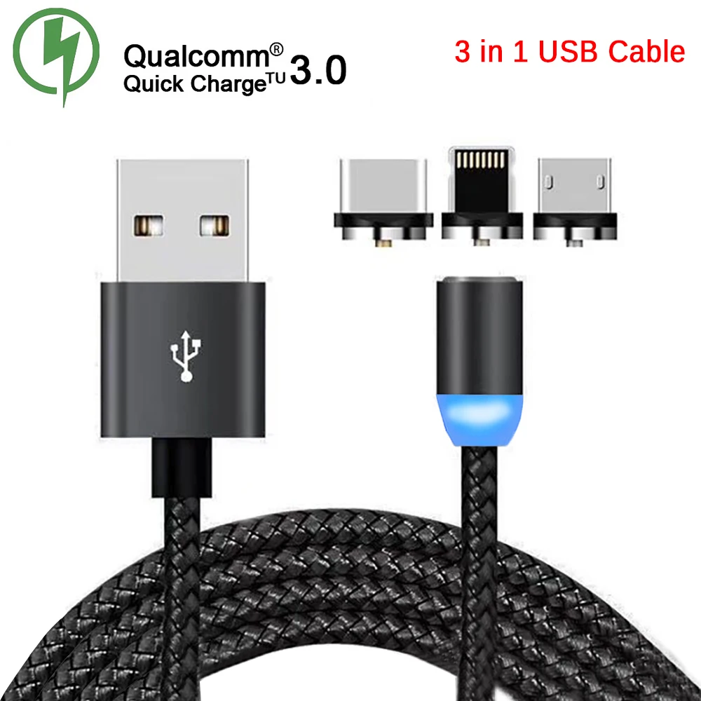 3 в 1 светодиодный магнитный usb-кабель для iPhone Xs Max 8 7 6 и USB type C кабель Micro usb samsung Xiaomi