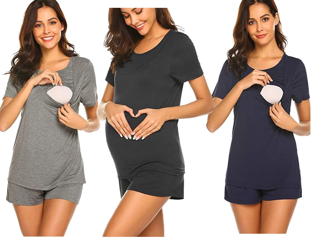 Хлопковая пижама для беременных, больничный набор, Пижама для кормления грудью с коротким рукавом, Пижама для беременных, пижамы для кормления, schlafhemd stillen