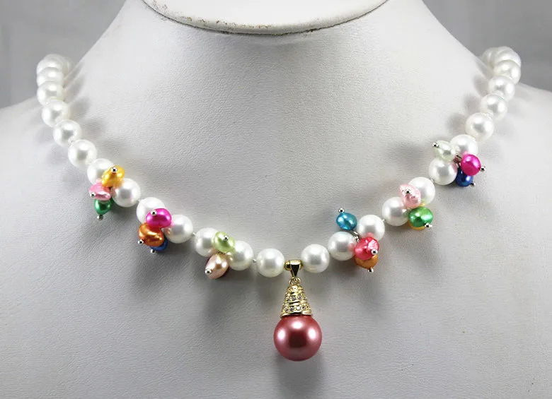 

fashional design jewelry! wholesale/retail 8mm white shell pearl mixed colorful bead flower necklace & 14mm red pearl pendant ##
