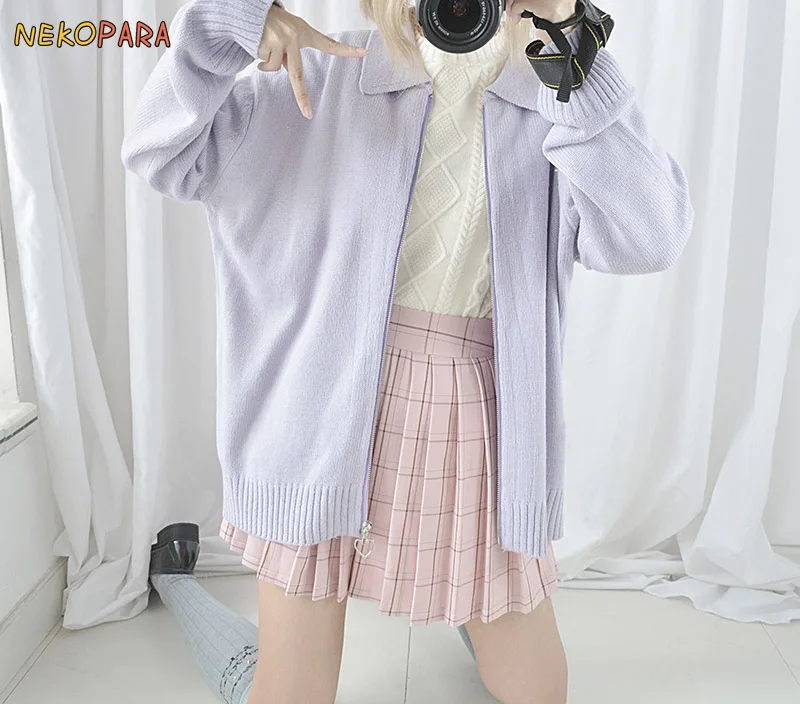 

4 Colors Cute Pure Color Heart Zipper Women's Sweater Long Sleeve Winter Autumn Knitted Cardigan Preppy Style