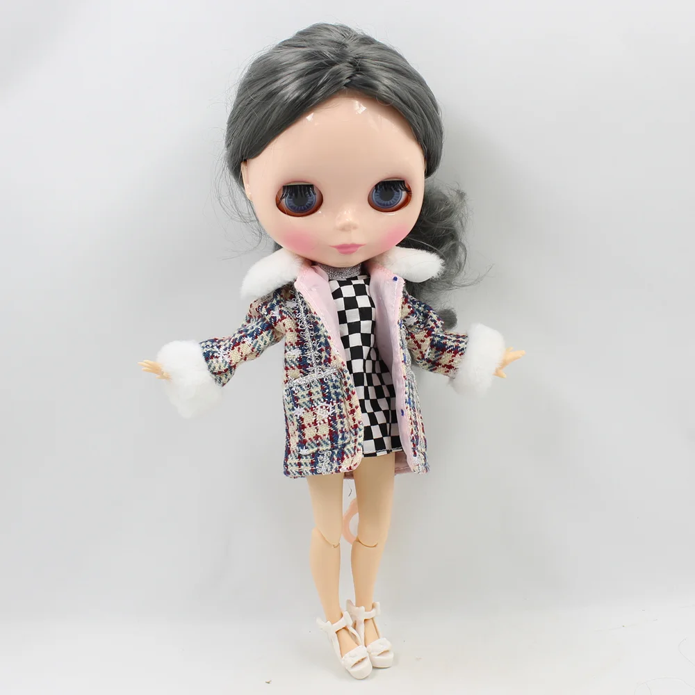 Одежда для куклы Blyth 1/6 зимнее пальто в клетку плюшевое розовое и желтое ледяное