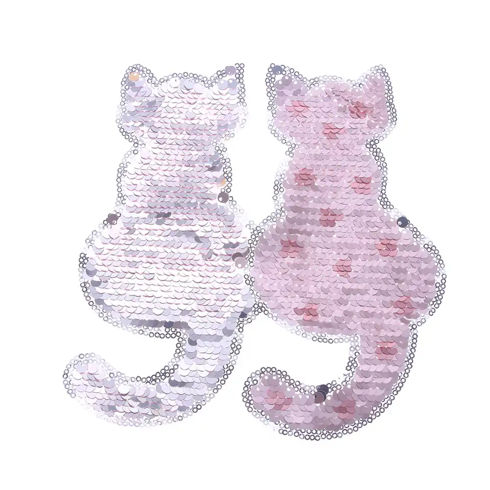 2Pcs DIY Cat Reversible Change Color Sequin Embroidery Patch Sew on Applique