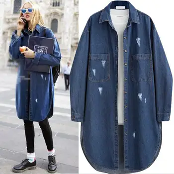 

plus size 4XL 2020 autumn Ripped Denim Shirts Women Retro Casual Blue Coat with Pockets top jeans blouse