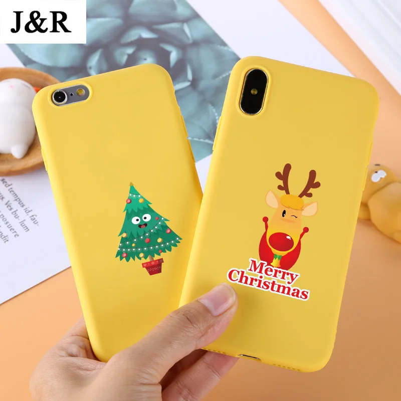 Yellow Case for iPhone X Cases 5 5S 6 6S 7 8 Plus X XS Max XR Silicon Cover Cute Cartoon Christmas Santa Claus Elk Soft TPU Bags