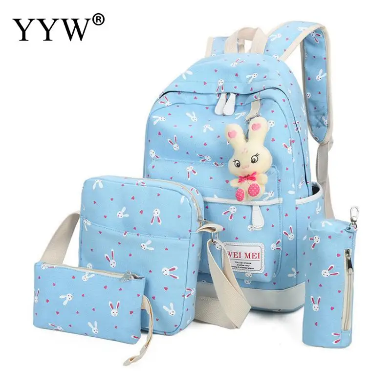 

4Pcs/Sets 2018 Women Canvas Printing Backpacks Cartoon Rabbit School Bags for Teenage Girls Cute Travel Shoulder Bag for women