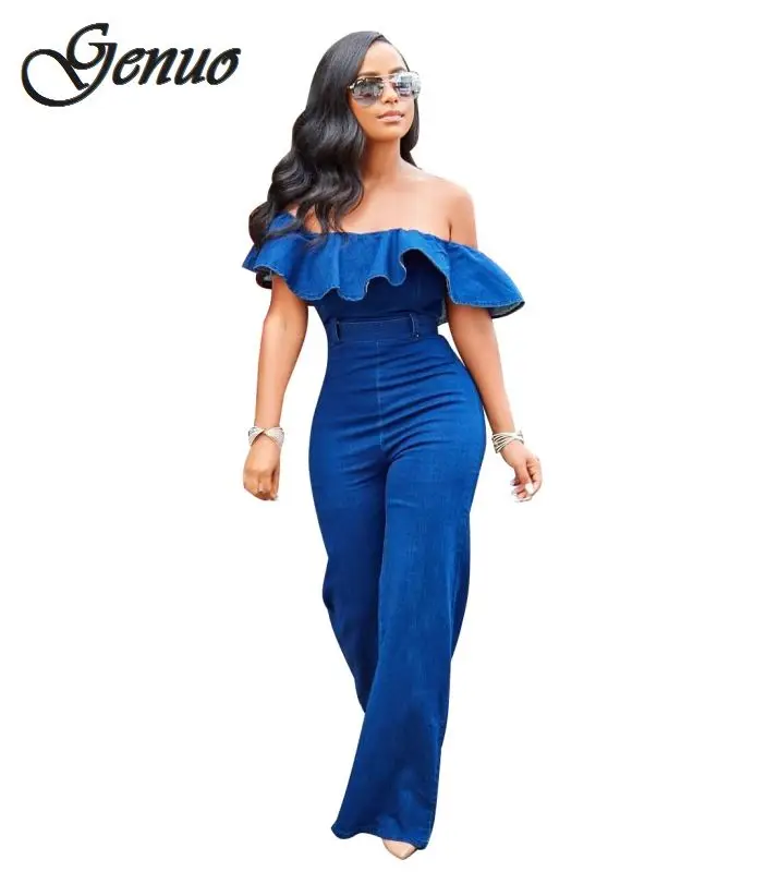 New Denim Rompers Womens Jumpsuit 2019 Summer Sexy Slash Neck Off Shoulder Ruffles Playsuit Plus Size Wide Leg Pants Overalls New Denim Rompers Womens Jumpsuit 2019 Summer Sexy Slash Neck Off Shoulder Ruffles Playsuit Plus Size Wide Leg Pants Overalls