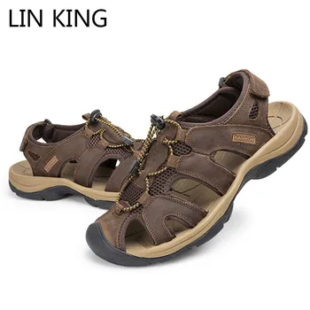 

LIN KING Fashion Genuine Leather Men Shoes Summer Sandals New Plus Size Men's Sandals Outdoor Beach Sandals Shoes Big Size 38-47