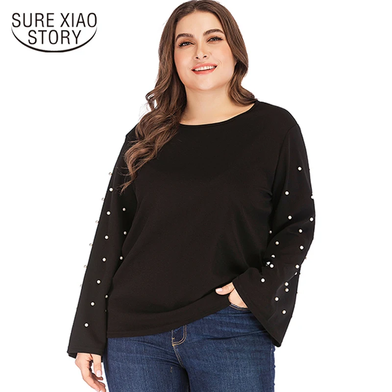 

Fashion beading 3XL 4XL plus size tops casual loose women t-shirt long sleeve women shirts o-neck black t shirt women 2285 50
