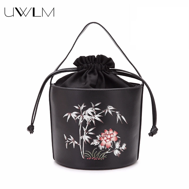 

100% Genuine Leather Women Handbags Bags Cow Leather Top Handle Retro String Bucket Printing Elegant Flowers Handbags Brand Bag