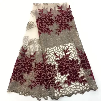 

High Quality Velvet French Lace Wine/Gold Nigeria African Net Lace Bridal Dress Tulle Net Lace Fabric for Wedding Party A1467