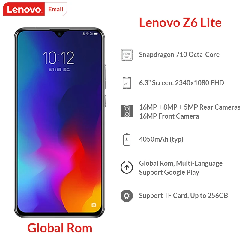 Lenovo Z6 Lite с глобальной прошивкой, 4 ГБ, 64 ГБ, восьмиядерный смартфон Snapdragon 710, экран 6,3 дюйма, тройная камера, Android 9,0, быстрая зарядка