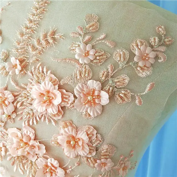 

peach pink 3D lace applique with pearls, heavy beaded deluxe 3d flower applique, heavy embroidered flower applique