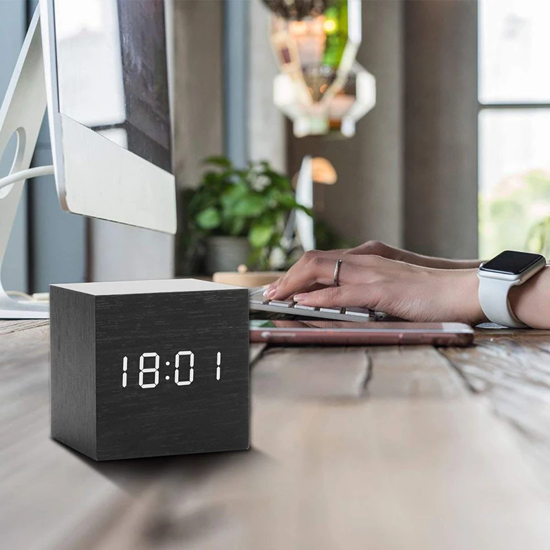 Деревянные часы Cube светодиодные цифровые с будильником электронные настольные