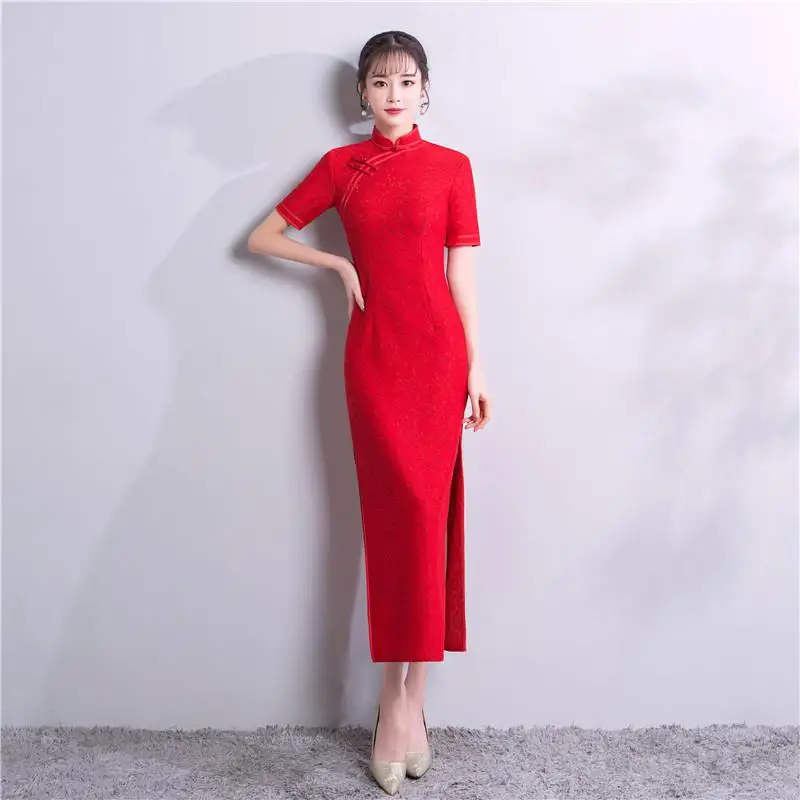Элегантное Черное женское кружевное длинное Ципао в китайском стиле Ципао с коротким рукавом сексуальное тонкое платье Vestidos элегантное женское платье для сцены - Цвет: Красный