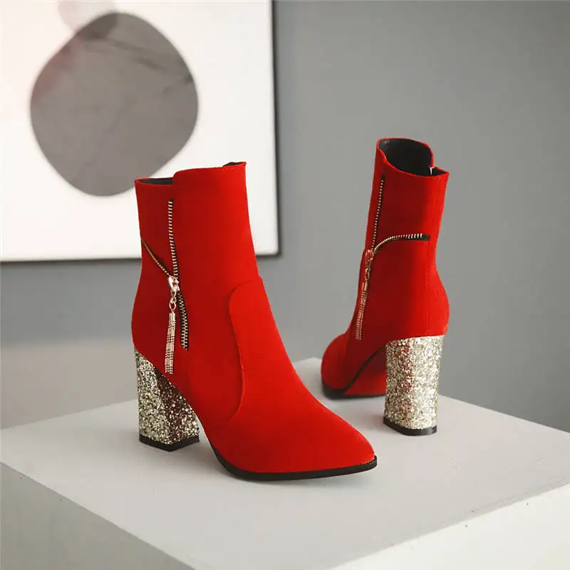 MORAZORA/ Новое поступление; женские ботинки из флока с коротким плюшем; сезон осень-зима; модная обувь на высоком каблуке; простые женские ботильоны