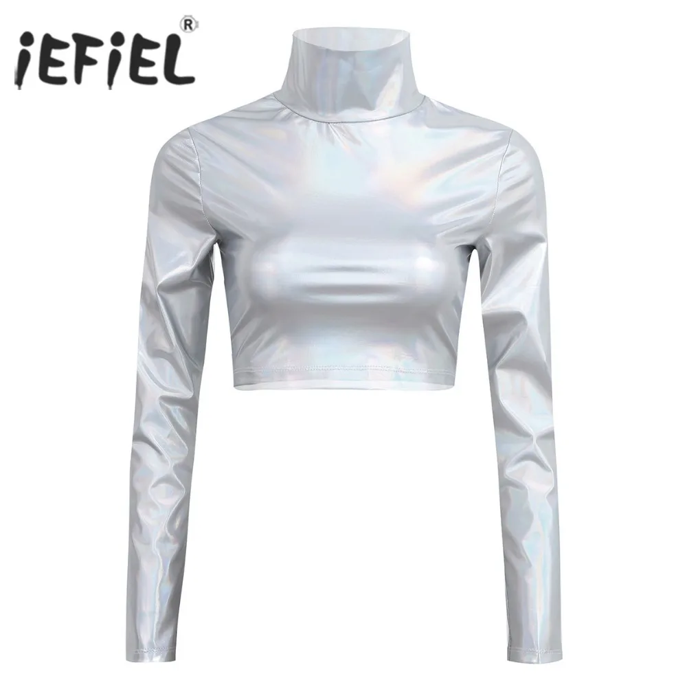 

iEFiEL Sexy Club Tees for Women Wetlook Shiny Patent Leather Slim Fit Mock Neck Turtleneck Crop Top Costume Party Clubwear