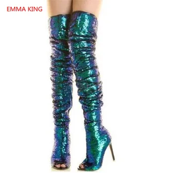 

Glitter Bling Women Over The Knee Boots Peep Toe Sexy Stilettos High Heels Women Summer Shoes Party Wedding Thigh High Boots