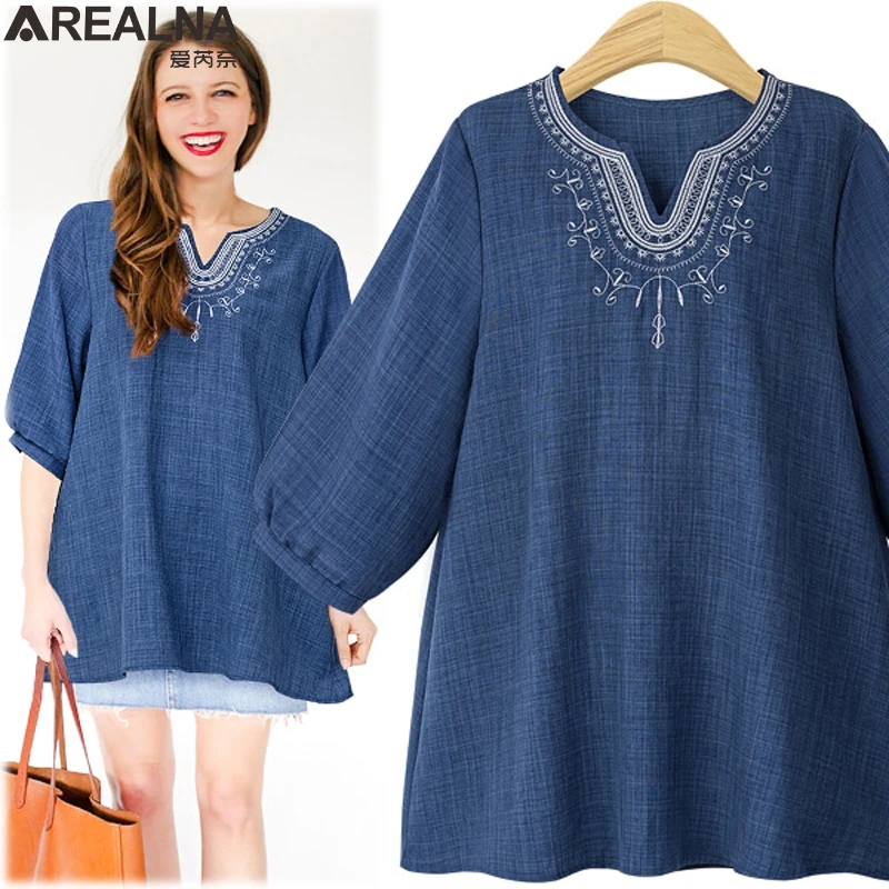 

Shirts women 2018 summer kimono Casual Floral Embroidery blouse Women Tops Plus Size vintage shirt Women Chemise Femme 5XL