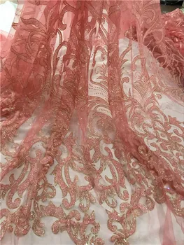 

Pretty peach French net lace fabric with glitter elegant evenint net lace material for party dress UN108(5yards/lot)