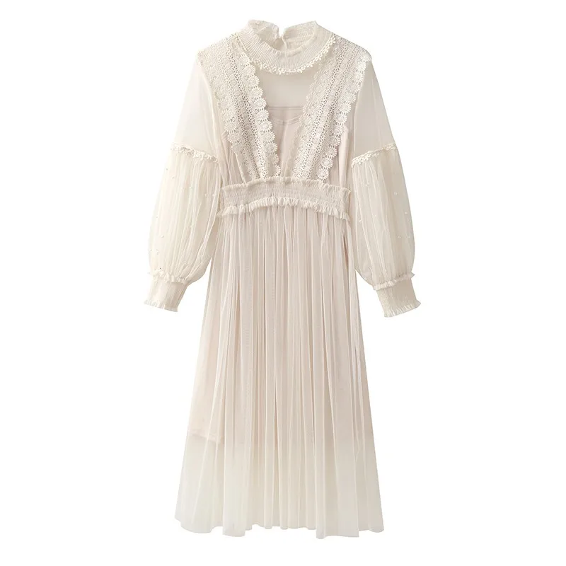 

2019 S/S New Fashion Women Dress Transparent Mesh Lace Dress Lantern Sleeve Beading Midi Dress Sweet Lolita Dress Vestidos