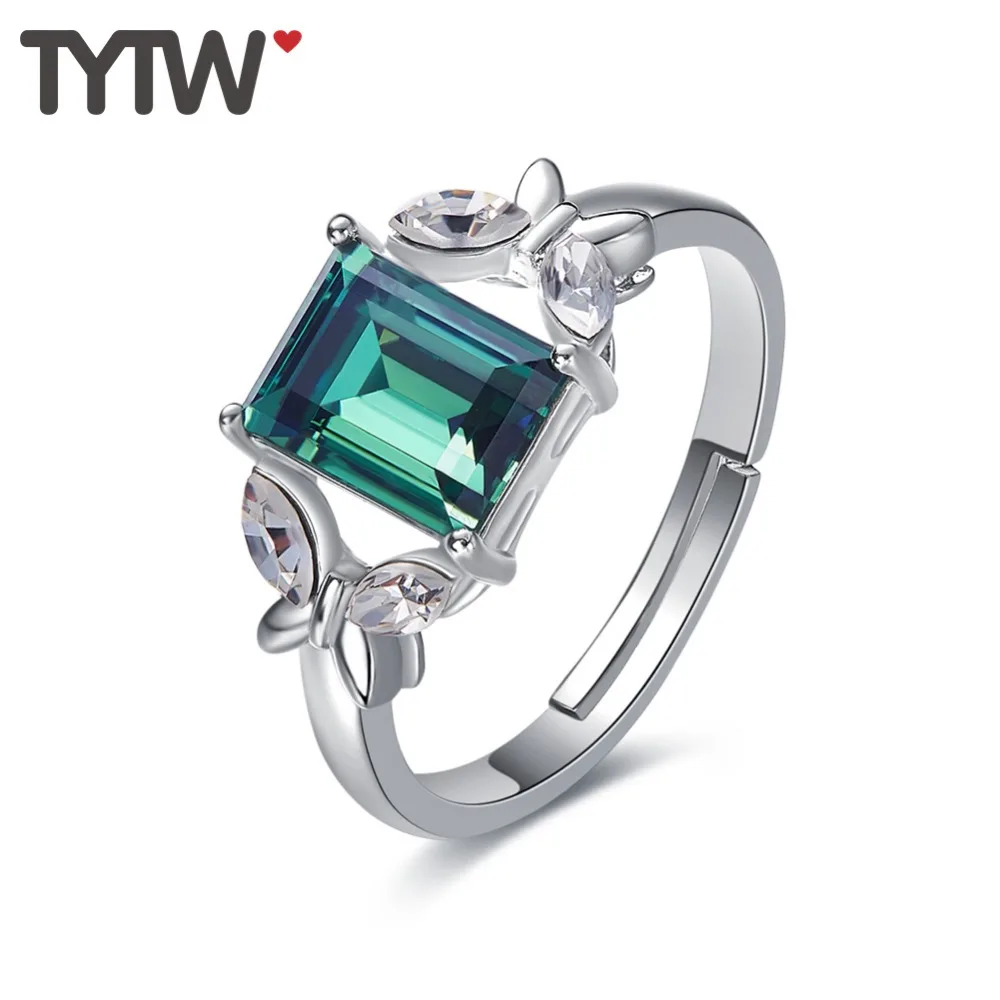 

Newest Crystals from Austrian Women Ring Rhodium Spring Green Flower Crystal Free Size Open Ring High Quality Girl Gift