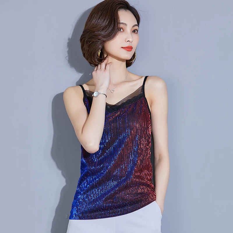 

5 Colors Size M-3XL Women Patchwork Shinning Camis Tops Female Sleeveless T-shirts Tees Tank Top Female XJM8010