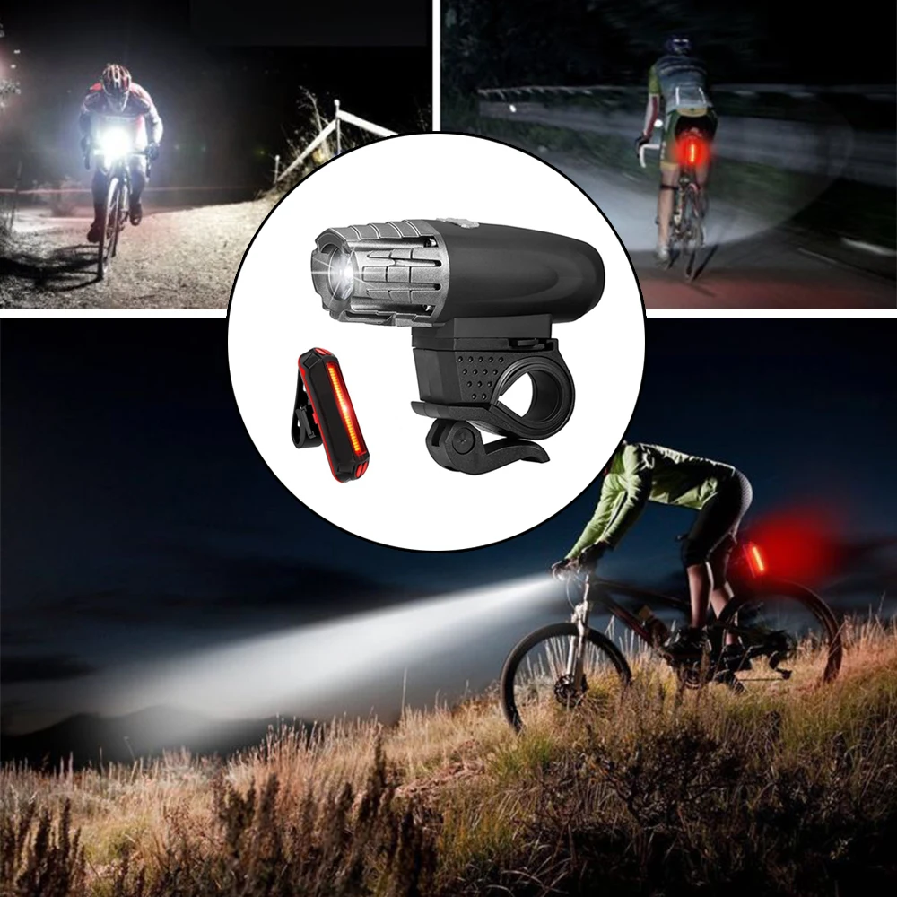 

KARRONG 2Pcs Front Bicycle Light Warning Headlight & Taillight USB Rechargeable Rear Safety Bike MTB Cycling Handlebar Lamp ligh